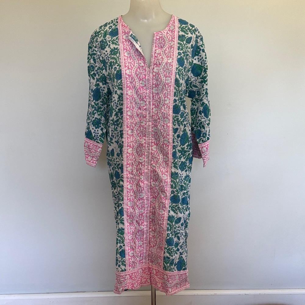 SZ Blockprints Long Kurta Tunic in Pink Green Cover-up Dress Size Medium